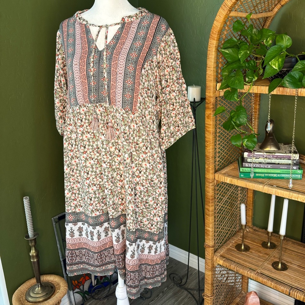 Knox Rose Target Boho Floral Flowy Tunic Dress Shirt Short Sleeve V Neck